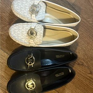 Michael Kors White Logo and Black Leather Moccasin Loafers